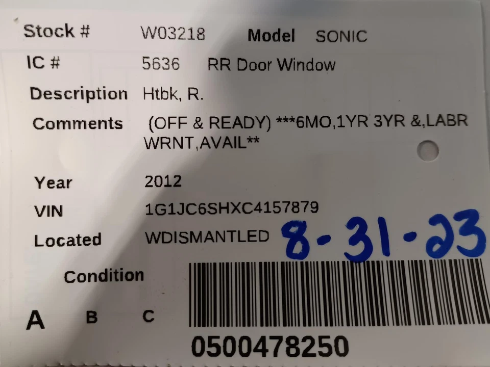 二手右后门玻璃后部配件:2012 雪佛兰 Sonic Htbk 右后级 — 第 3/4 张图片