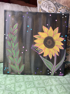 Original Artwork Hand Painted Sunflower And Bee On Canvas 12 x12 