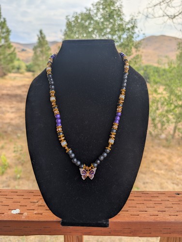 Black And Purple Butterfly Necklace With Handmade Resin Beads