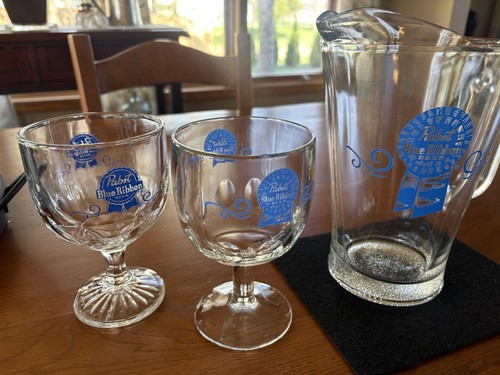 Vintage Pabst Blue Ribbon Pitcher With 2 Glasses