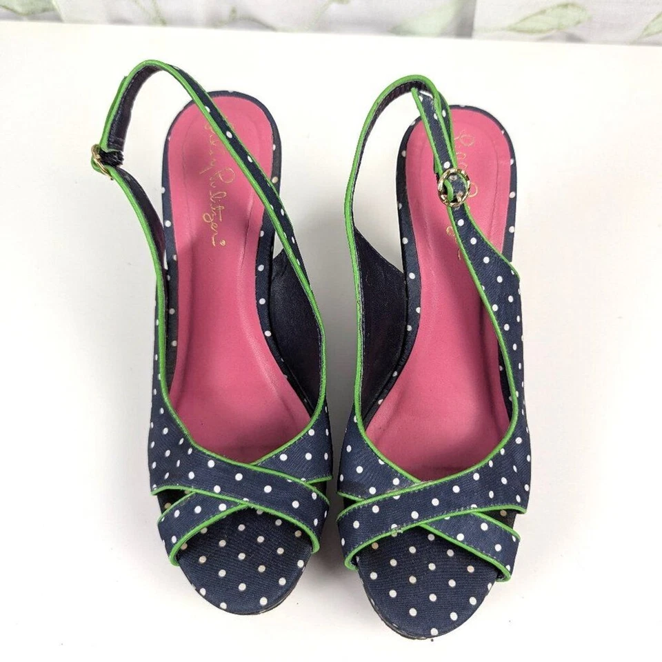 Lilly Pulitzer | Sandalias de cuña azul marino a lunares talla 6,5 Foto 2 de 4