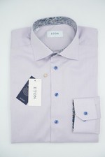 Men Eton Signature Twill Blue Button Shirt Floral Collar Slim Fit Size 42 16.5