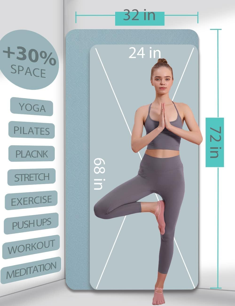 Extra Wide 72x32 Inch Non-Slip 7mm Thick Double-Sided Yoga Mat