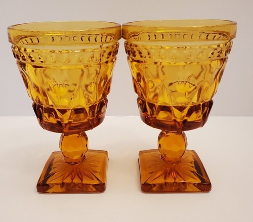 Vintage Indiana Glass Amber Park Lane Wine Glasses Goblets 4.5 inch Set of 2 - Picture 3 of 6