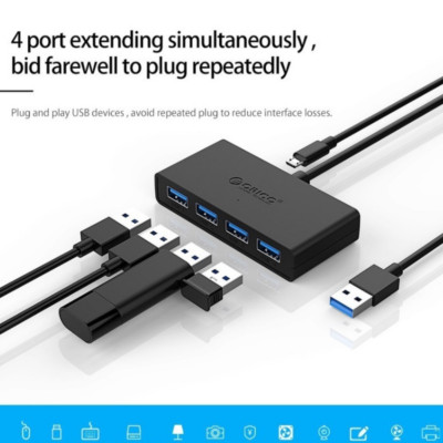 ORICO USB 3.0 Hub 4 Ports Micro USB 5V Connector Fast Speed 5Gbps Black 100cm x1