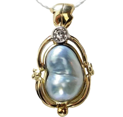 Anhänger Gold Tahiti Perle und Diamant 0,18c antik Handarbeit 30x15,2mm 585/14K - Bild 1 von 4