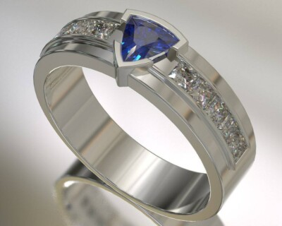 Trillion Simulated Sapphire Men's Stunning Wedding Ring In 14k White Gold Plated