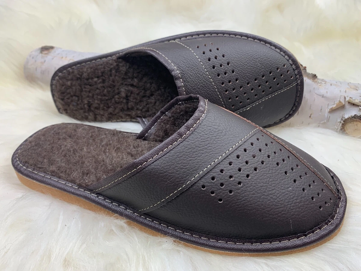 Men Slippers Natural Leather Flat Close Toe Slides Size US 8.5 9