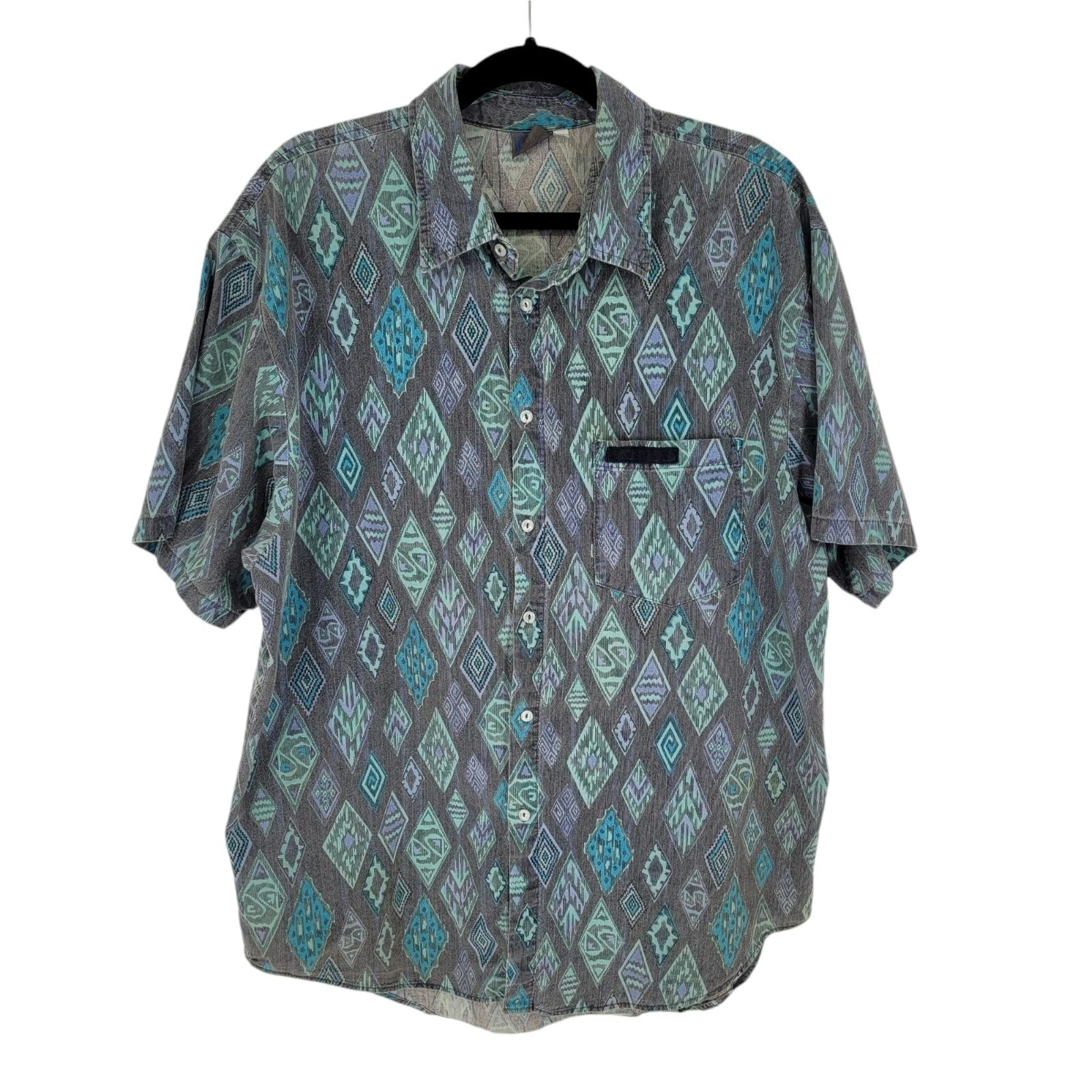 Quiksilver mens Large blue Geometric button up short sleeve cotton shirt