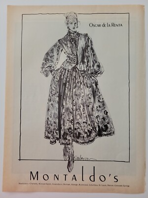 1982 Oscar de la Renta  women's floral jacket dress Montaldo's  Larsen art ad