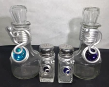 Dary Rees Hand Crafted Wired Condiment Set Salt Pepper Shaker Vinegar Oil Cruets