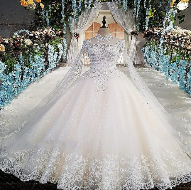 Luxury Pearls Wedding Dresses High Neck Long Sleeved with Cape Tulle Ball  Gowns