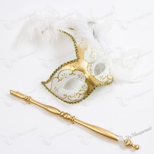 Side Feather Glitter Mask Venetian Halloween Party Eye Masks White Gold W/ Stick
