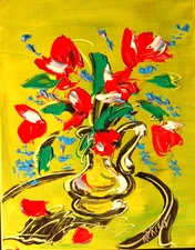 RED FLOWERS IMPRESSIONIST  ORIGINAL OIL  PAINTING -ABSTRACT ART GT4B7ERB