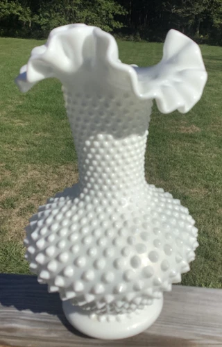 Vintage Fenton White Milk Glass Ruffled Top Hobnail Vase 10 3/4" tall - dr