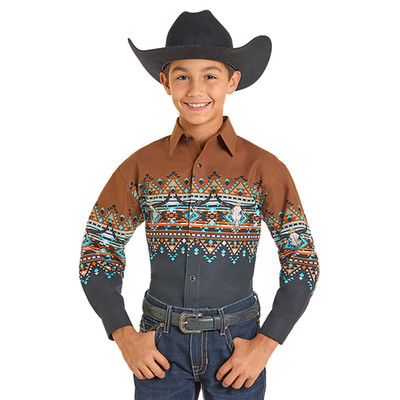 Panhandle Youth Boy's Aztec Border Black & Rust Button Down Shirt SBN2S07387