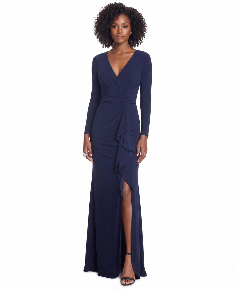 betsy and adam long sleeve dresses Betsy & Adam Womens Petites Sheer-Sleeve Long Evening Dress Black 14P