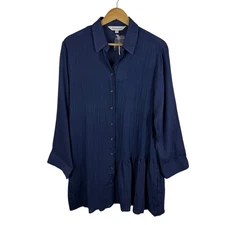NWT Davi & Dani Button Down Tunic Top Medium Blue Peplum Hem Pockets Lagenlook