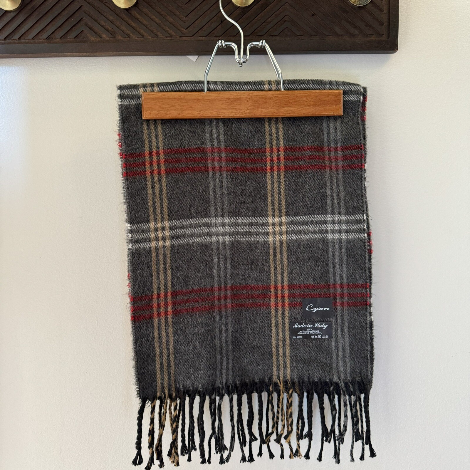 Cejon Scarf Made In Italy Grey, Tan & Red Plaid Buttery Soft 11x56