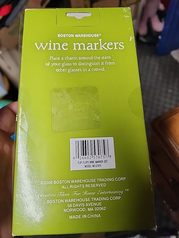 JUEGO DE 6 CHANCLAS MARCADORES DE VINO BOSTON WAREHOUSE NUEVAS EN CAJA Foto 4 de 4