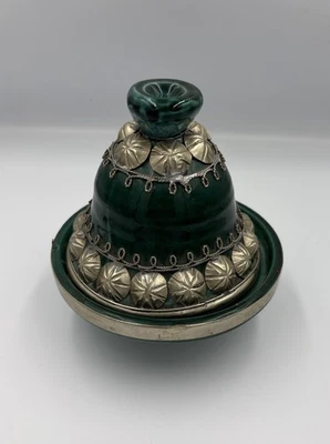 small tagine pot green silver Tone Metal filigree Overlay Moroccan - image 1 of 4