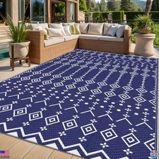 StepRite 5' x 8' Waterproof Reversible Outdoor Rug - Blue Plastic Straw Carpet