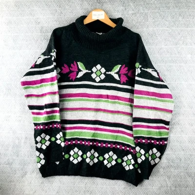 Vintage C&A Pull Femme XL Noir Blanc Col Roulé Rayé Floral Hiver Enfiler - Photo 1/4