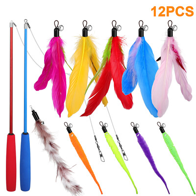 #ad 12Pcs Kitten Cat Toy Feather Bell Wand Teaser Rod Interactive Play Pet Toys Gift $11.48