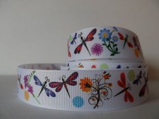 Grosgrain Ribbon, Dragon Flies Flowers on White, Wild Flowers, Dragon Fly 7/8"