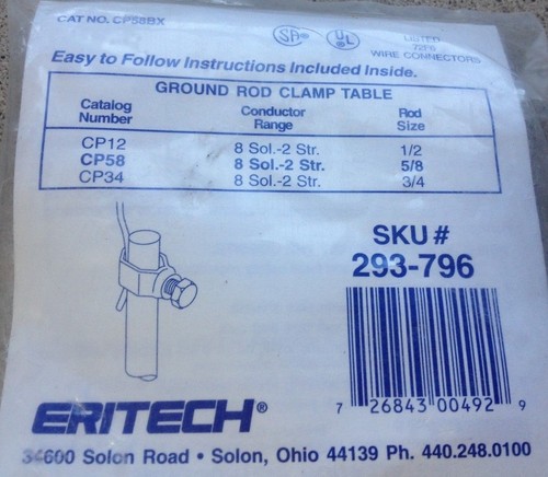 Ground Rod Clamp Erico 293-796 8 sol.-2str. CP58 E UL 1/2"-5/8" #4Rebar 2-10 AWG - Picture 2 of 7
