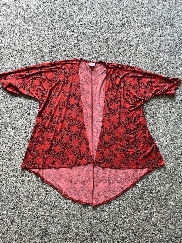 Lularoe Lindsay Kimono Style Cardigan SZ S Red And Black Flower Scroll