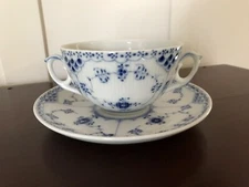 Royal Copenhagen Blue Fluted Half Lace Cream Soup Bowl & Saucer ~ First Quality