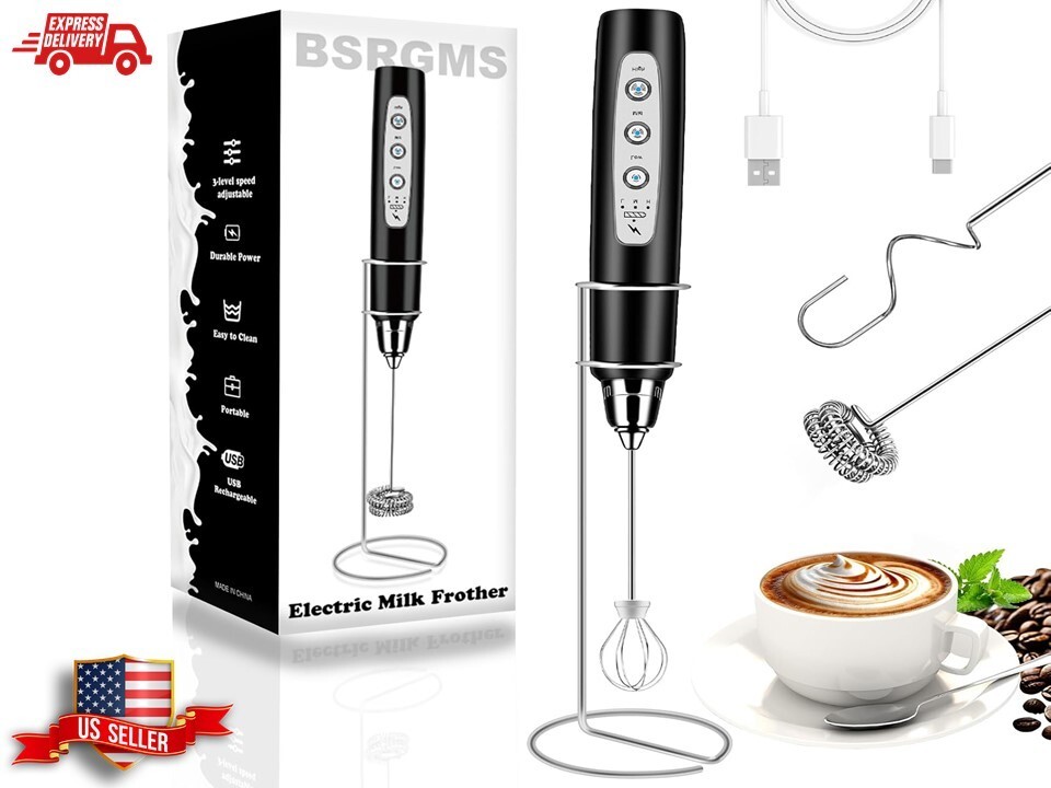 Milk Frother Rechargeable Handheld with Stand 3 Speed Adjustable Stainless Whisk-image