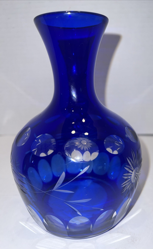 Bohemian Glass Cobalt Blue Cut to Clear Thumbprint Decanter 6.25"T 2.5 Cups - Picture 2 of 10