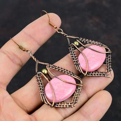 Christmas Deal Copper Thulite Gemstone Drop Dangle Ethnic Wire Wrapped Earrings