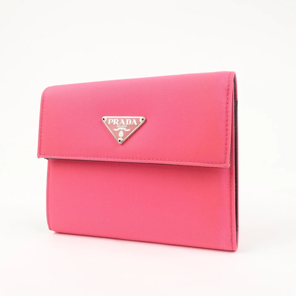 Mini Cartera Compacta Prada Triángulo Logo Tessuto Nylon Rosa Neón Auténtica Usada Envío Gratis Foto 3 de 4