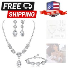 Rhinestone Bridal Jewelry Set Necklace Bracelet Clip On Earrings for Brides B...