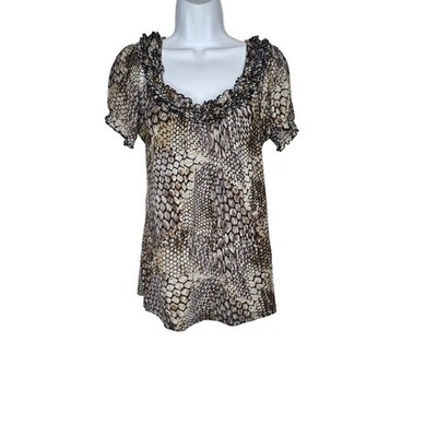INC International Concepts Top M Brown Snake Print Ruffle Neck Short Sleeve