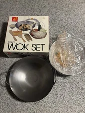 VTG 10 Piece Metro Wok Set 14” Steel Wok Stir Fry Set Tempura Rack Wire Steamer
