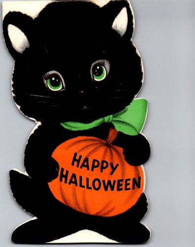 Halloween Black Cat Kitten JOL Pumpkin Flocked VTG Christmas Greeting ...