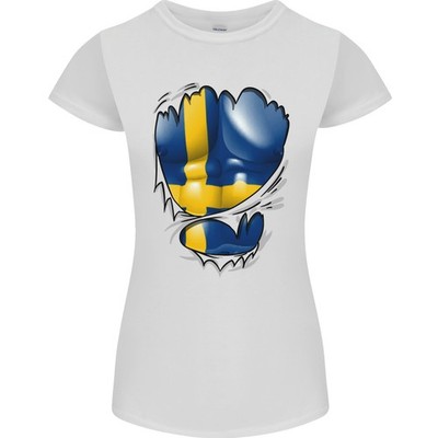Fitness Schwedische Flagge Zerrissen Muskeln Sweeden Damen Klein Schnitt T-Shirt