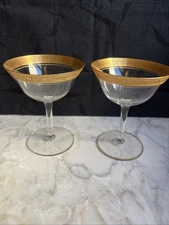 (2) Vintage Tiffin Franciscan Rambling Rose Champagne Coupes 22K Gold Trim As Is
