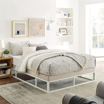 King Size  Capri White Metal Bed Frame with Beige Upholstered Foundation