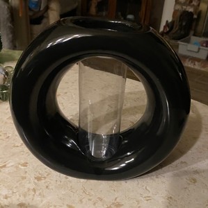 MCM Large Black Ceramic Center Vial Post Modern Vase 8X8X4 Sculptural