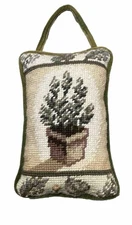 Vintage Needlepoint Pillow Hanging Green Velvet Back 11x5 Herb Botanical