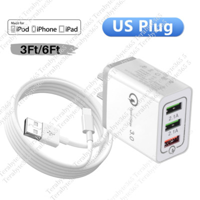 QC USB Fast Charger Adapter Cable For Apple iPhone 14/13/12/11/8/7/6/SE/XS Max/X