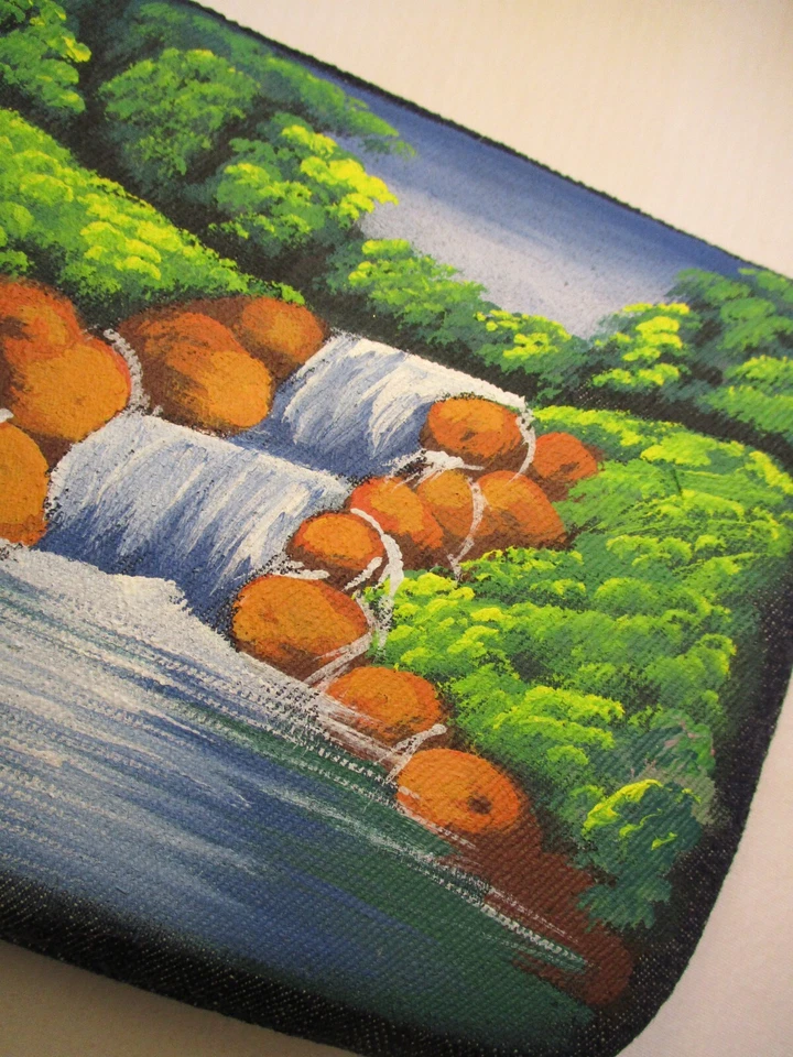 Bolso sin asas pintado a mano de mezclilla oscura bolso de mano pintura en cascada bosque Foto 3 de 4
