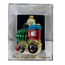 Hand Blown Christmas Tree Train With Bear With Plastic Box