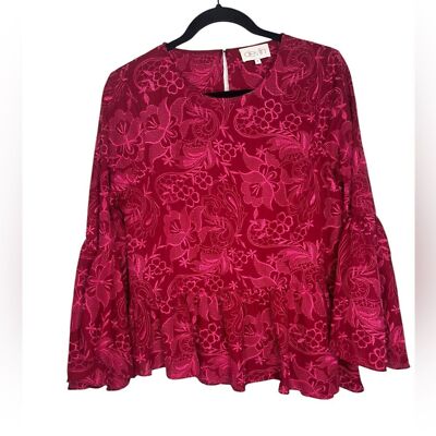 Devlin BOHO Red with Pink Embroidered Flowers Asymmetrical Bell Sleeve Small Top