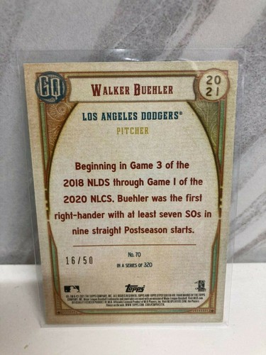 2021 Topps Gypsy Queen Black & White #'d 16/50 Walker Buehler #70 - Picture 2 of 2